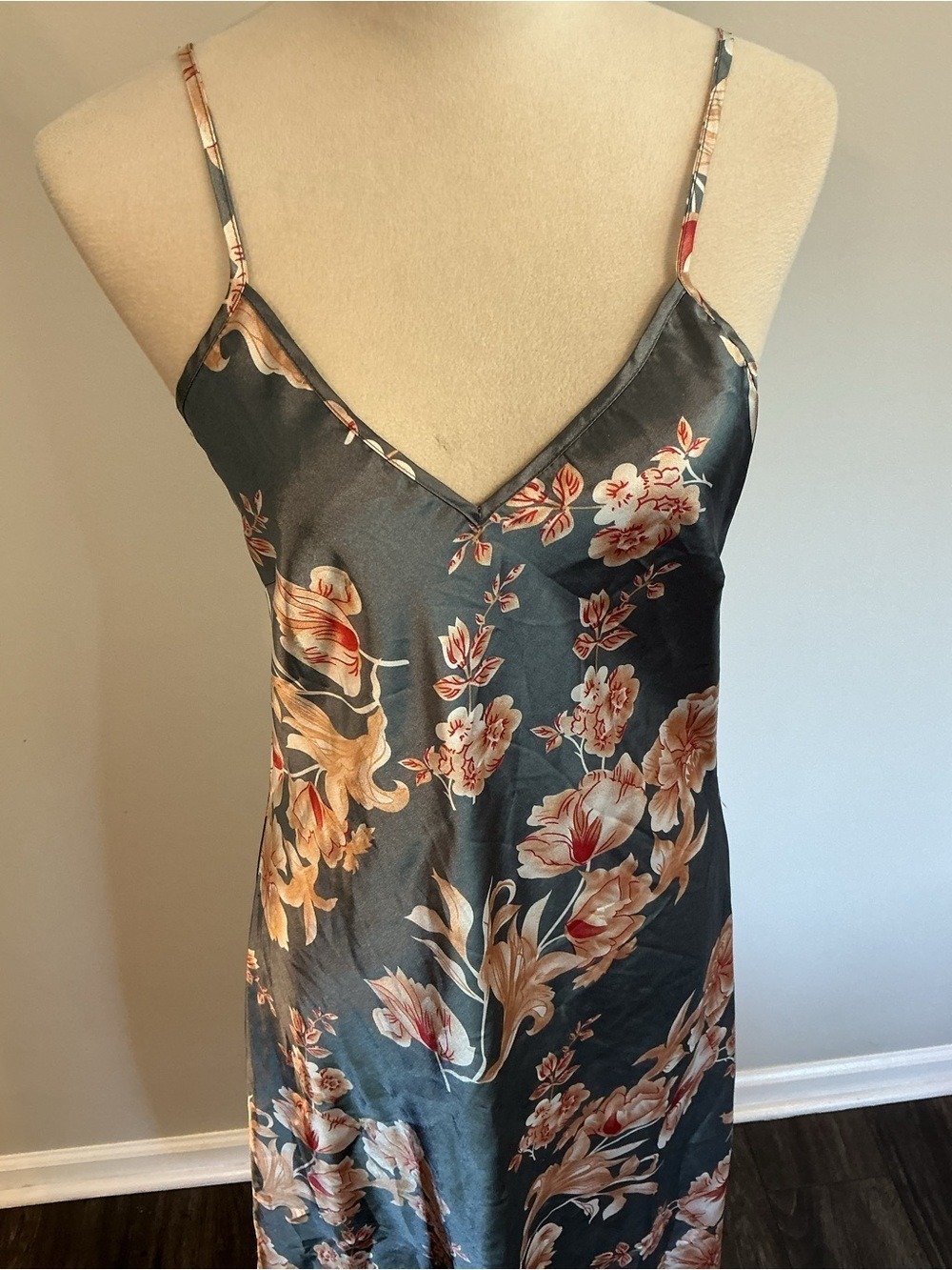 Floral Satin Slip Chemise in Slate Gray with Pink Blooms - Picture 4 of 8
